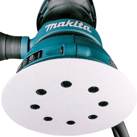 Multi Grit 30 Piece Five Inch Random Orbit Sanding Disc Set with Eight Hole Hook and Loop on a power sander