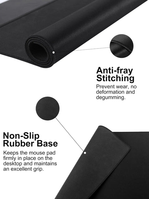 Close-up of Mega Sized XXL 31.5 Inch By 15.75 Inch Wireless Charging Desk Pad showing anti-fray stitching and non-slip rubber base.