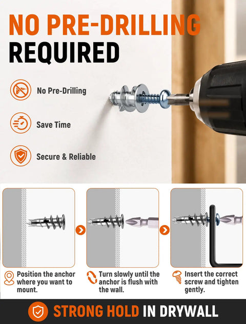 Close-up of Heavy Duty Metal Self Drilling Drywall Anchors Featuring Dual Sized Screws being installed in drywall with no pre-drilling.