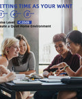 Group of people smiling and discussing at a table with setting time and noise level text overlay.
