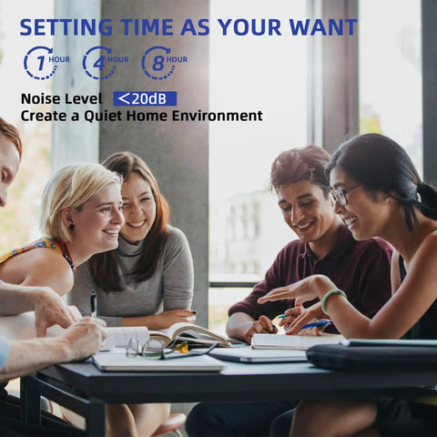 Group of people smiling and discussing at a table with setting time and noise level text overlay.