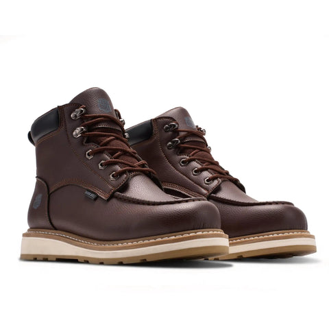 Front view of Six Inch Steel Toe Boots With Moc Toe, Lace Up Safety Boots For Men in Dark Brown, oil and slip resistant, water resistant microfiber