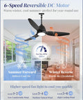 Outdoor Ceiling Fan With Light IP65 Waterproof Wet Rated for Patio Gazebo Black showing summer forward and winter reverse modes