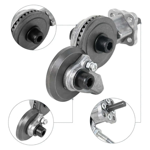 Close-up of Beastly Heavy Duty Drill Plate Cutter Attachment for sheet metal projects showing serrated wheels and adapter components.