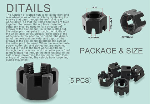 M18 X 1.5mm Black Hex Slotted Castle Nuts Pack Of 5, Boss Grade Carbon Steel Fasteners, detailed view.