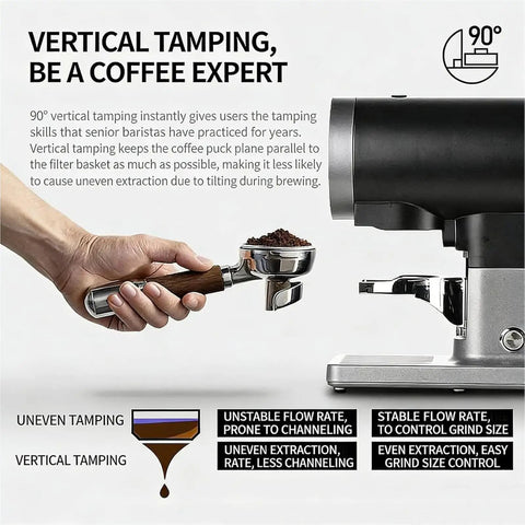 Image showing 58mm Automatic Espresso Coffee Tamper With Adjustable Height and Custom Pressure Control in use for precision tamping.