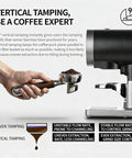 No Sweat 58mm Automatic Espresso Tamper With Digital Pressure Controls And Height Adjustment, hand using tamper on portafilter