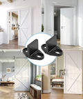 Heavy Duty T Shaped Barn Door Floor Guide 2 Pack Adjustable Bottom Track System for Sliding Doors shown installed in various settings.