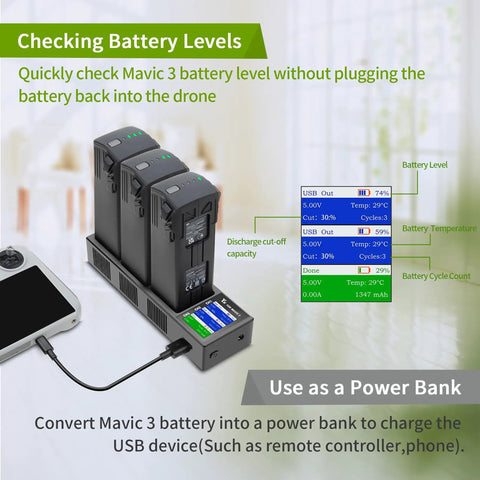 All In One Multi Function Battery Charger With Storage For DJI Mavic 3 Series Batteries Charge And Discharge Wall And Car Parallel Charging Hub with battery level display