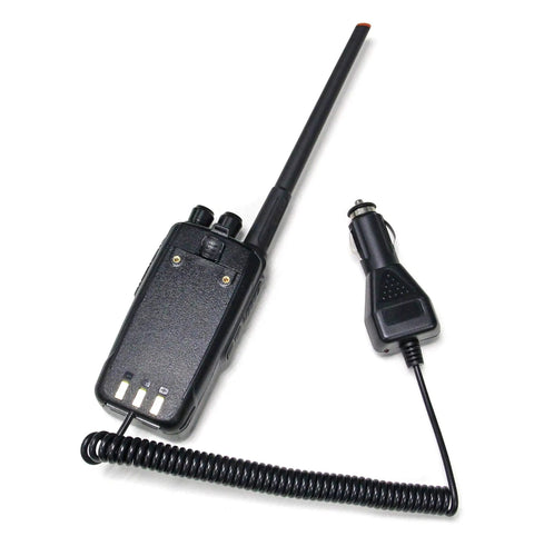 Car Powered Battery Eliminator For DMR Handheld Radios Keeps You Rolling With 12V Vehicle Power Battery Replacement shown with radio