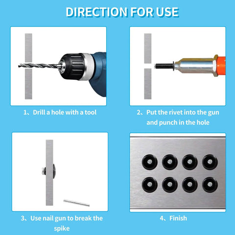 Aluminum Blind Rivet Kit 120 Pcs 5/32 Inch By 5/16 Inch Pop Rivets Assortment Black installation steps shown in four stages.