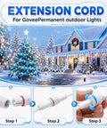 Two Pack 13 Foot IP68 Waterproof 3 Pin Extension Cables For Smart Outdoor String Lights shown with step-by-step connection process.