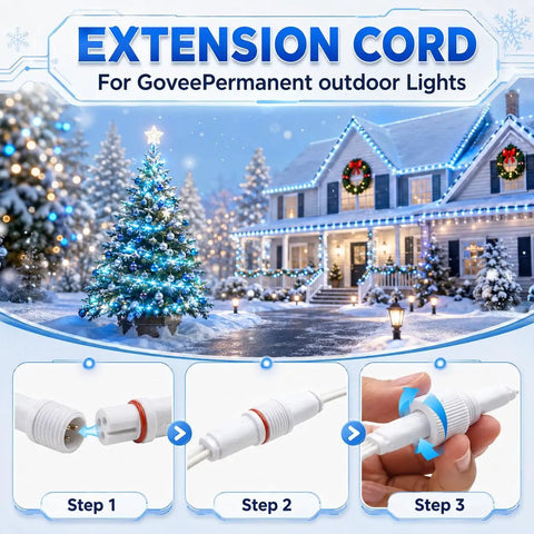 Two Pack 13 Foot IP68 Waterproof 3 Pin Extension Cables For Smart Outdoor String Lights shown with step-by-step connection process.