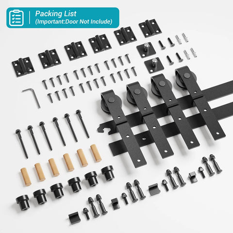 60 Inch Bi Folding Sliding Barn Door Hardware Track Kit With Side Mounted Black Rollers, components displayed.