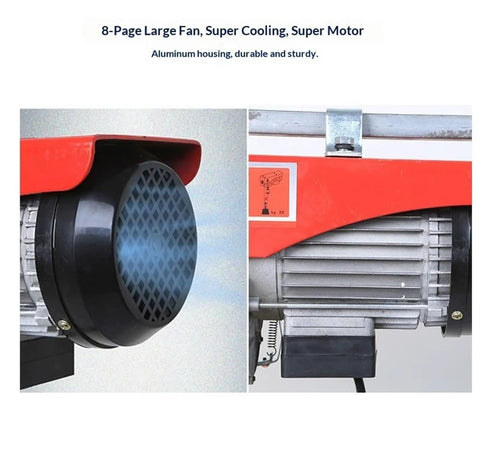 Close-up of Heavy Duty Electric Hoist With Remote Control And Cable For 200-800kg Garage Lifts, showing cooling fan.