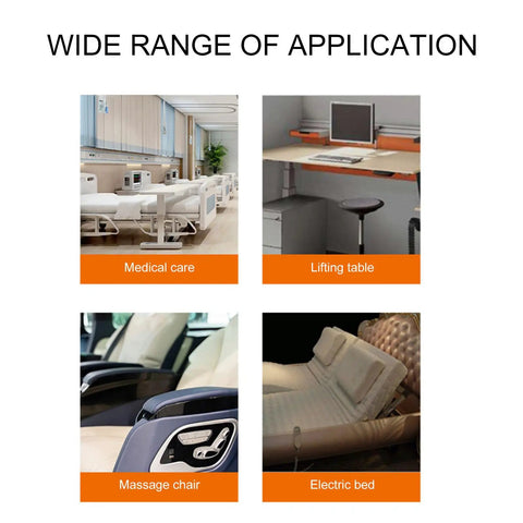 Wide range of application for compact 24V DC linear actuator with 150N thrust, 0.39 inch stroke, shown with furniture and devices.