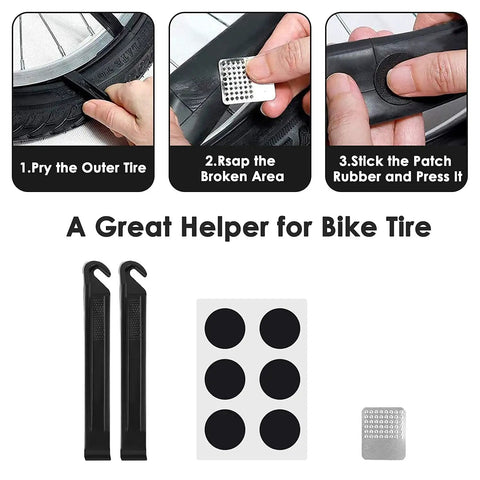 Steps using 16 In 1 Bicycle Multitool Kit For On The Go Mountain Bike Maintenance with tire levers and patch kit.