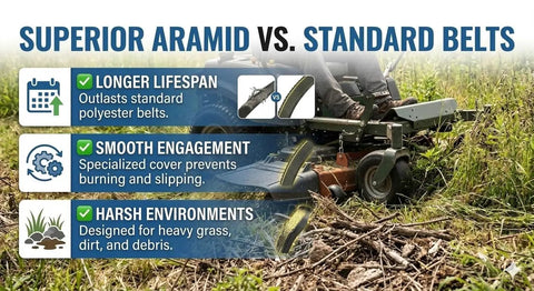 Comparison of aramid and standard belts on mower in field. Aramid 42 Inch Deck Belt For T105 T107 T110 T110K PYT9000 T1000 T1100 T1200
