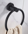 5 Piece Black Bathroom Hardware Set With Wall Mounted Towel Bar 24 Inch, Hand Towel Holder, Open Arm Toilet Paper Holder, Towel Ring And Towel Hook, SUS304 Stainless Steel Matte Black Finish towel ring on wall with towel