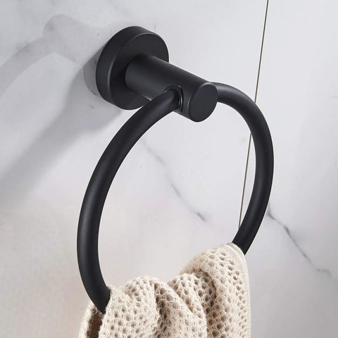5 Piece Black Bathroom Hardware Set With Wall Mounted Towel Bar 24 Inch, Hand Towel Holder, Open Arm Toilet Paper Holder, Towel Ring And Towel Hook, SUS304 Stainless Steel Matte Black Finish towel ring on wall with towel