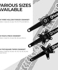 Various sizes of Box cranksets including square taper options shown with black anodized finish and laser etched graphics.