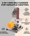 Oreilet 3 In 1 Mini Belt Sander With 7 Speed Adjustable Settings And 20 Sanding Belts For knife sharpening and woodworking, showcasing steel construction.