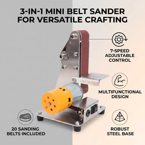 Oreilet 3 In 1 Mini Belt Sander With 7 Speed Adjustable Settings And 20 Sanding Belts For knife sharpening and woodworking, showcasing steel construction.