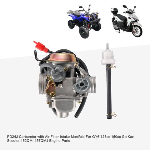 24mm PD24J Carburetor With Air Filter Intake Manifold For 4 Stroke GY6 125cc 150cc Engine Setup, showing top view and connectors.