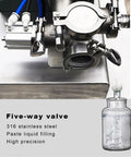 No Fuss Heavy Duty Semi Automatic Liquid And Paste Bottle Filler With Precision Air Cylinder and Digital Fill Adjustment For Honey Beverage Toothpaste And Liquids Up To 500 Ml, featuring a five-way valve made of 316 stainless steel.