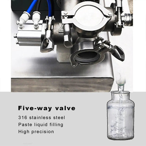 No Fuss Heavy Duty Semi Automatic Liquid And Paste Bottle Filler With Precision Air Cylinder and Digital Fill Adjustment For Honey Beverage Toothpaste And Liquids Up To 500 Ml, featuring a five-way valve made of 316 stainless steel.