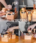 Slick Walnut Wood Espresso Tamping Station With Quick Release Knock Box And Eight Versatile Tool Slots For 58mm Portafilters Distributors And Tampers in use.