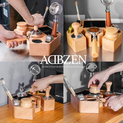 Slick Walnut Wood Espresso Tamping Station With Quick Release Knock Box And Eight Versatile Tool Slots For 58mm Portafilters Distributors And Tampers in use.