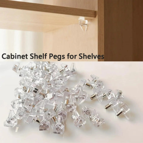 Clear Shelf Pegs 30 Pack 5mm Transparent Cabinet Support Holders visible in arrangement on surface with one installed in wood.