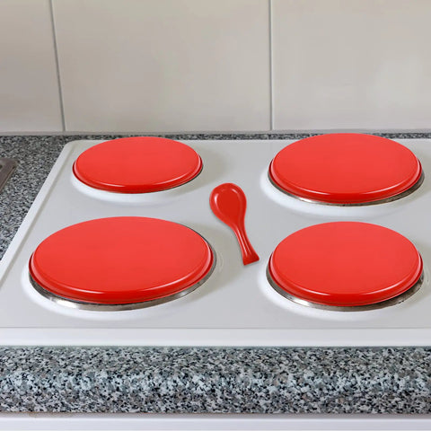 Four Piece Stove Burner Covers Set With Ceramic Spoon Rest And Stainless Steel Top Protector on stove