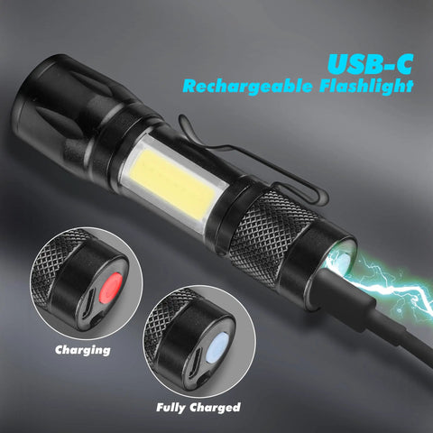 4 Pack Rechargeable Zoomable Mini Clip On Flashlights With Side COB Light USB C Recharge 500mAh Battery EDC Lantern