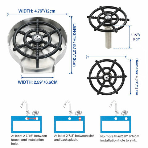 Dimensions and installation guide for Glass Rinser And Bottle Washer For Kitchen Sink with Ten Orifice Water Outlet, showing measurements.