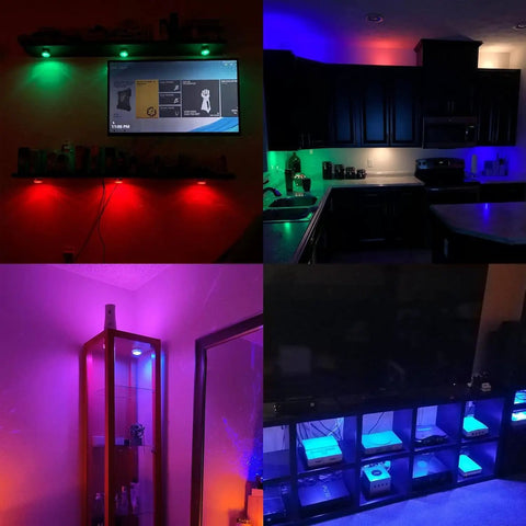 Rechargeable USB Puck Lights For Under Cabinet And Closet, 16 Color Changing Dimmable LEDs in various display setups