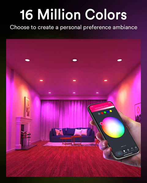 Living room lit by Slim 6 Inch Smart LED Recessed Downlight With Junction Box, 13W 1100LM, WiFi Retrofit and phone app control.