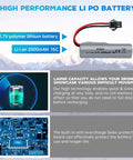 Five Pack 3.7 Volt 2000mAh LiPo Battery With Five In One Charger for RC Cars and Trucks, with discharge and protection features.