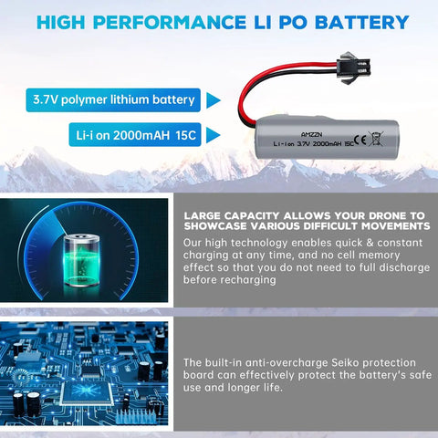 Five Pack 3.7 Volt 2000mAh LiPo Battery With Five In One Charger for RC Cars and Trucks, with discharge and protection features.