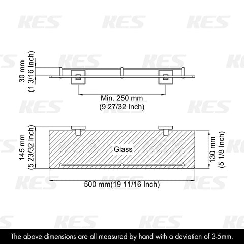 Bathroom Glass Shelf With Towel Bar And Rail 19.6 X 5.9 Inches dimensions diagram with SUS304 stainless steel structure