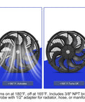 Universal 14 Inch Slim Electric Radiator Cooling Fan Kit 12V 90W showing fan activation temperatures with brass probe adapter.