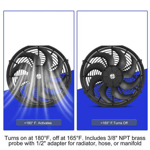 Universal 14 Inch Slim Electric Radiator Cooling Fan Kit 12V 90W showing fan activation temperatures with brass probe adapter.