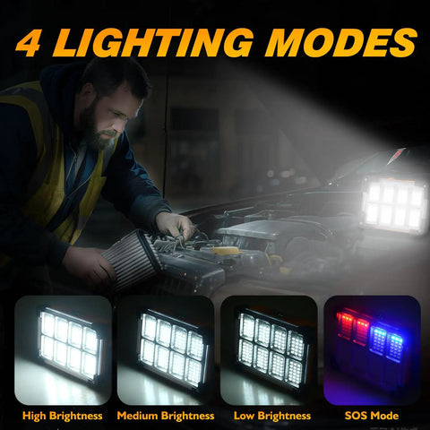 Super Bright 120W Solar Rechargeable Work Light With 144 LEDs Providing 10000LM Four Modes Portable Flood Light in use