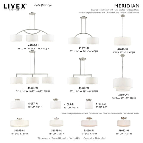 Meridian Collection 4 Light Semi Flush Mount Ceiling Fixture With Off White Fabric Hardback Drum Shade And Brushed Nickel Finish
