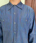 Mens Charcoal Blue Stripe Long Sleeve Industrial Work Shirt Built Tough For Auto Mechanics And Trades Professionals Stain Resistant Heavy Duty Poly Cotton Blend With Secure Button Front Pockets Ready For The Daily Grind 2Xl, close-up view of front.