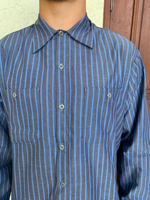 Mens Charcoal Blue Stripe Long Sleeve Industrial Work Shirt Built Tough For Auto Mechanics And Trades Professionals Stain Resistant Heavy Duty Poly Cotton Blend With Secure Button Front Pockets Ready For The Daily Grind 2Xl, close-up view of front.
