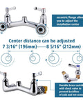 Commercial Wall Mount Sink Faucet With 8 Inch Adjustable Center, G1/2 Inch Inlet, highlighting installation and check valve features.