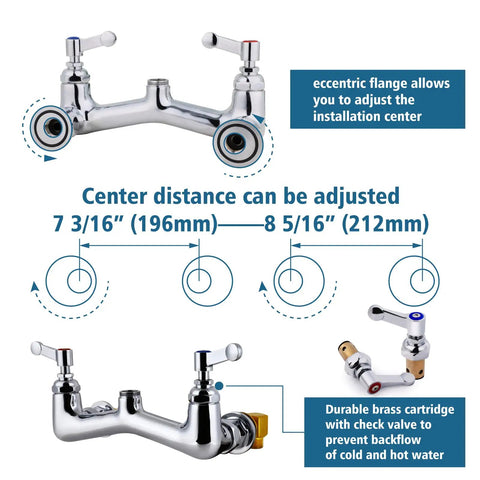 Commercial Wall Mount Sink Faucet With 8 Inch Adjustable Center, G1/2 Inch Inlet, highlighting installation and check valve features.