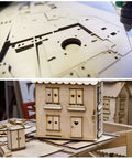 Three basswood sheets 12x8x3/8 in unfinished wood for crafts; close-up laser-cut panels and a wooden house model.